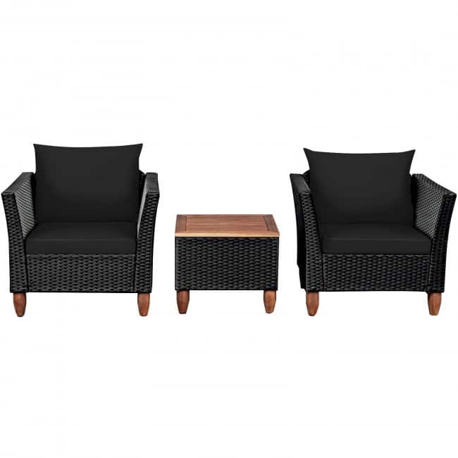 3 Pcs Outdoor Patio Rattan Furniture Set Wooden Table Top Cushioned Sofa - 29" x 27" x 28" (L x W x H)