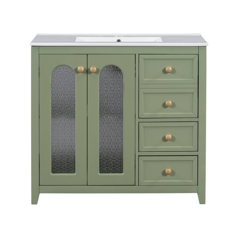 36'' Bathroom Vanity with Ceramic Sink Top, Bathroom Storage Cabinet with 2 Soft Close Doors, 3 Drawers and Adjustable Shelf