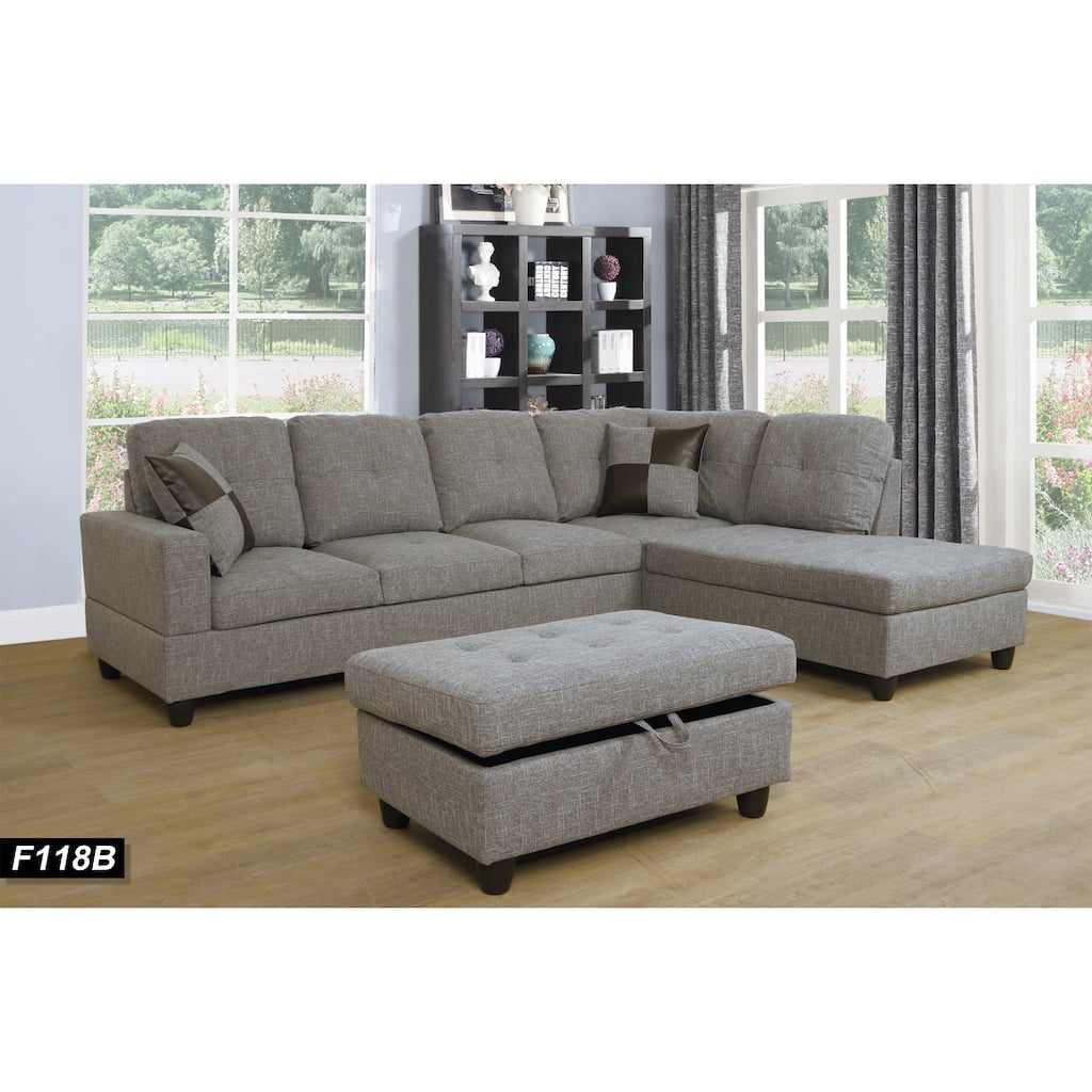 3-Pieces Light Grey Linen Sectional Sofa Set,Right Facing(118B)
