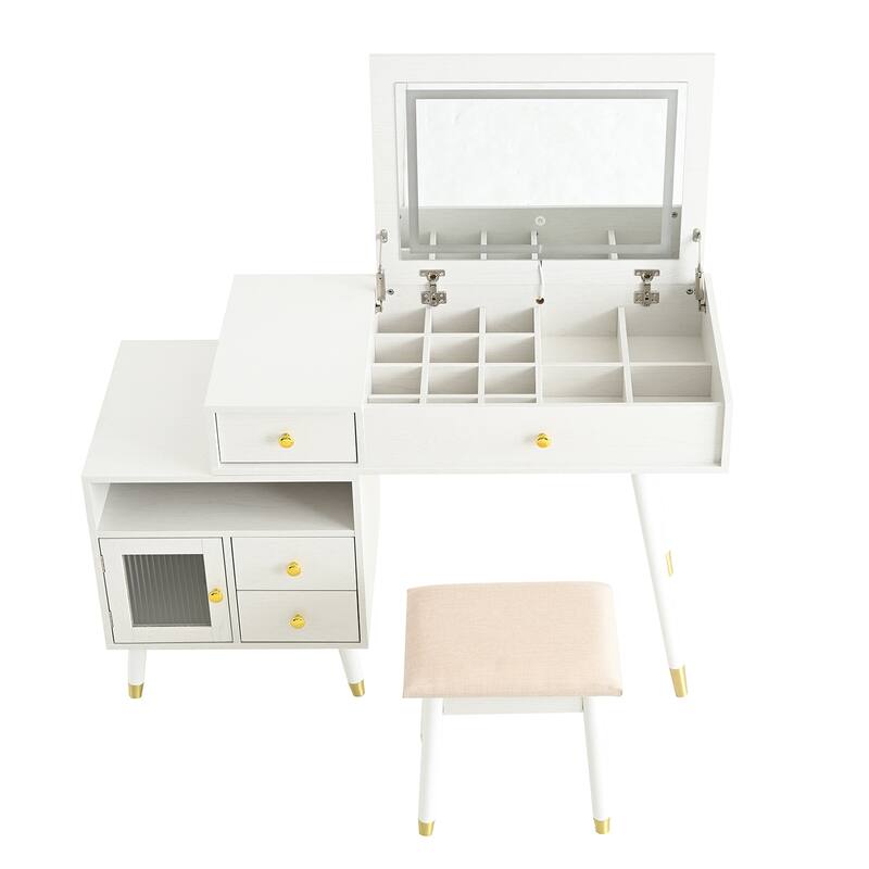 3-in-1 Vanity Desk with Lighted Flip-Top Mirror & Retractable Side Cabinet, Vanity Set with Stool & Storage Drawers