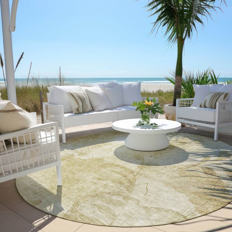 Machine Washable Indoor/ Outdoor Chantille Abstract Floral Rug - Beige - 8' x 8'