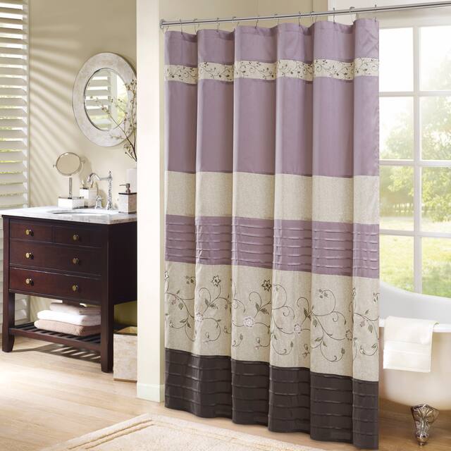 Madison Park Belle Faux Silk Embroidered Floral Shower Curtain - 72x72" - Purple