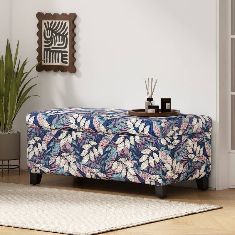 Roomfitters Upholstered Storage Ottoman Bench with Hinged Lid, Floral Fabric Accent Seat for Living Room or Bedroom