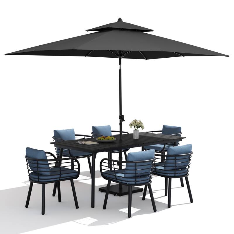 9PC Outdoor Patio Dining Set Aluminum Table with Sunbrella Cushion Chairs w/ Premium Market Umbrella Sets