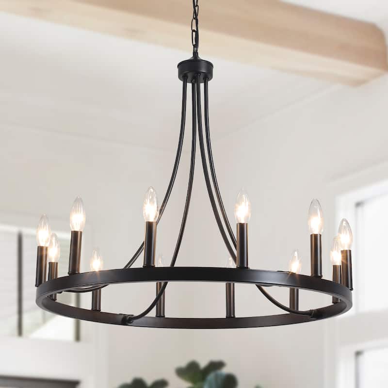 12-Light 26.77-inch Vintage Rustic Wagon Wheel Chandelier for Kitchen - Black