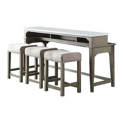 4 Piece Counter Height Set with Marble Top and USB, White and Oak Brown