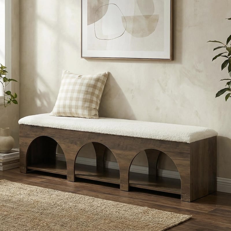 63" Upholstered Entryway Bench with Storage Shelf - 63" W x 13.78" D x 17.72" H - Brown