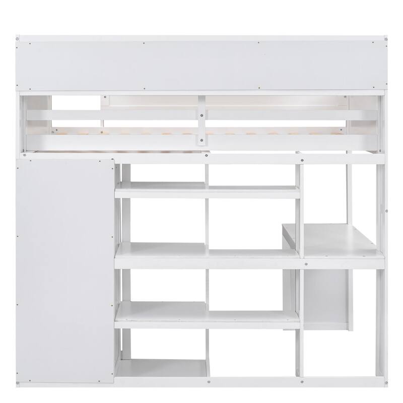 Twin Size Loft Bed w/ Multiple Storage Shelves and Wardrobe, Wooden High Bedframe with Bookshelves, 17.7''x 48.5'' Built-in Desk