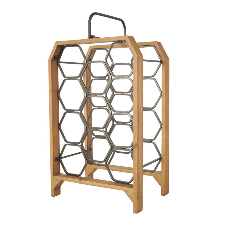 Brown Wood 11 or 8 Slot Geometric Wine Rack with Gray Metal Curved teardrop or Hexagon Holders