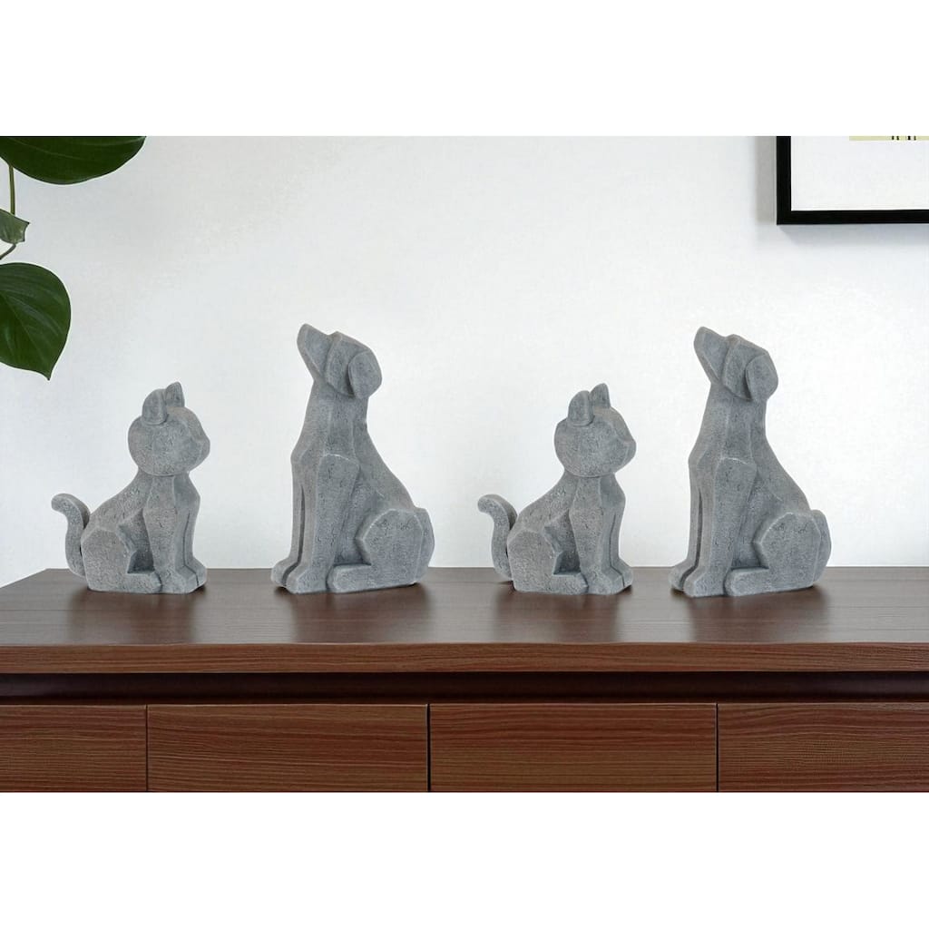 HomeRoots Set of Four Gray Polyresin Cat And Dog Figurines - 4.40 in. x 7.00 in. x 2.25 in.