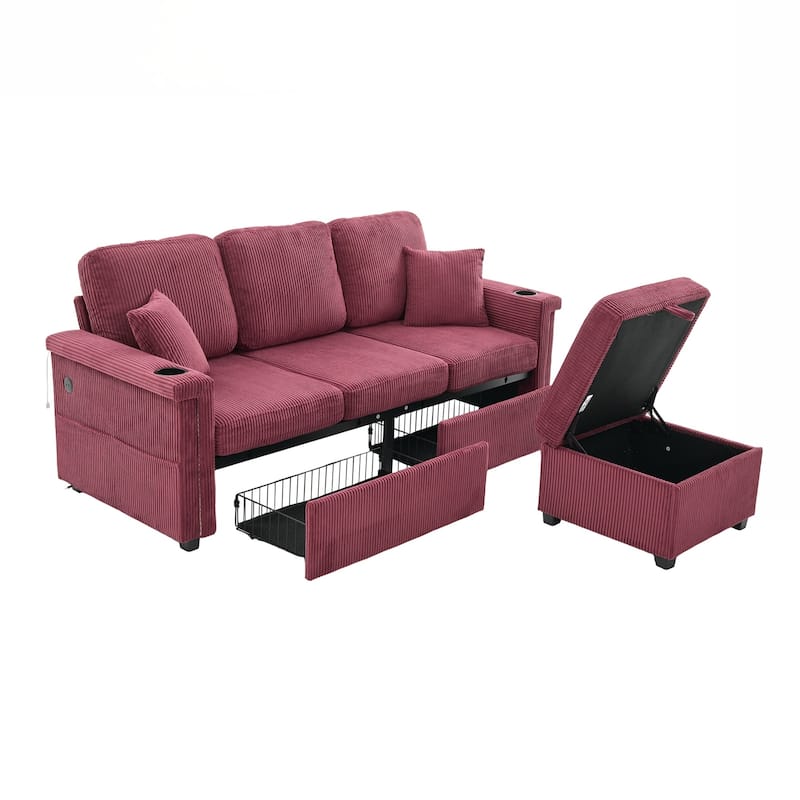 L-Shaped Sectional Sofa with Pull-Out Storage,Ottoman & Pillows 3-Seat with USB Charging,Cup Holder, Convertible Design