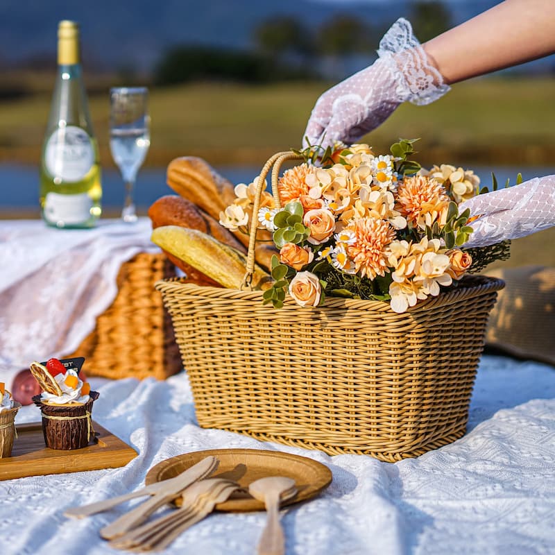 Front Bike Basket, Picnic Wicker Basket with Handle - 9.75"D x 13.75"W x 7.25"H - Yellow
