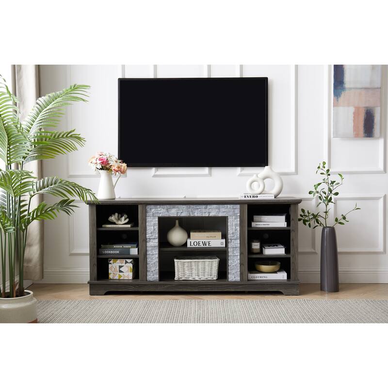 Anmytek Farmhouse TV Stand with Faux Stacked Stone Surround Accent Media Console for 60-69 inches TV Rustic Storage Cabinet