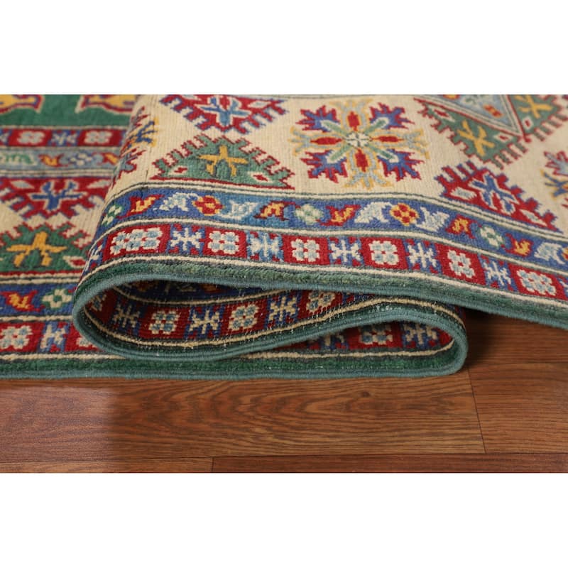 Green Geometric Kazak Oriental Area Rug Handmade Bedroom Wool Carpet - 5'0" x 6'7"