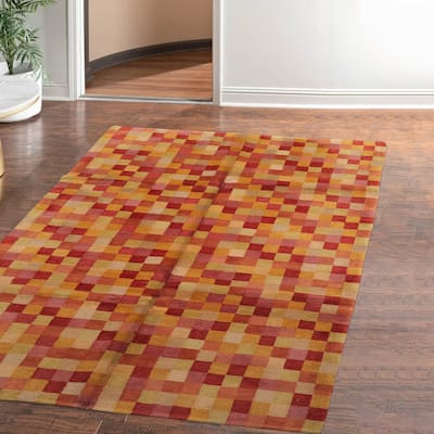 Hand Knotted Raspberry, Gold Tibetan Wool Modern Oriental Area Rug - 5' x 8'