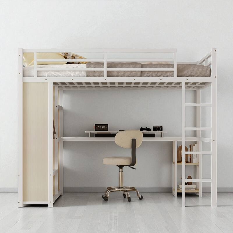 Queen Size Metal Loft Bed with Desk, Wardrobe, and Storage Shelves, Space-Saving Workstation Loft Bed Frame