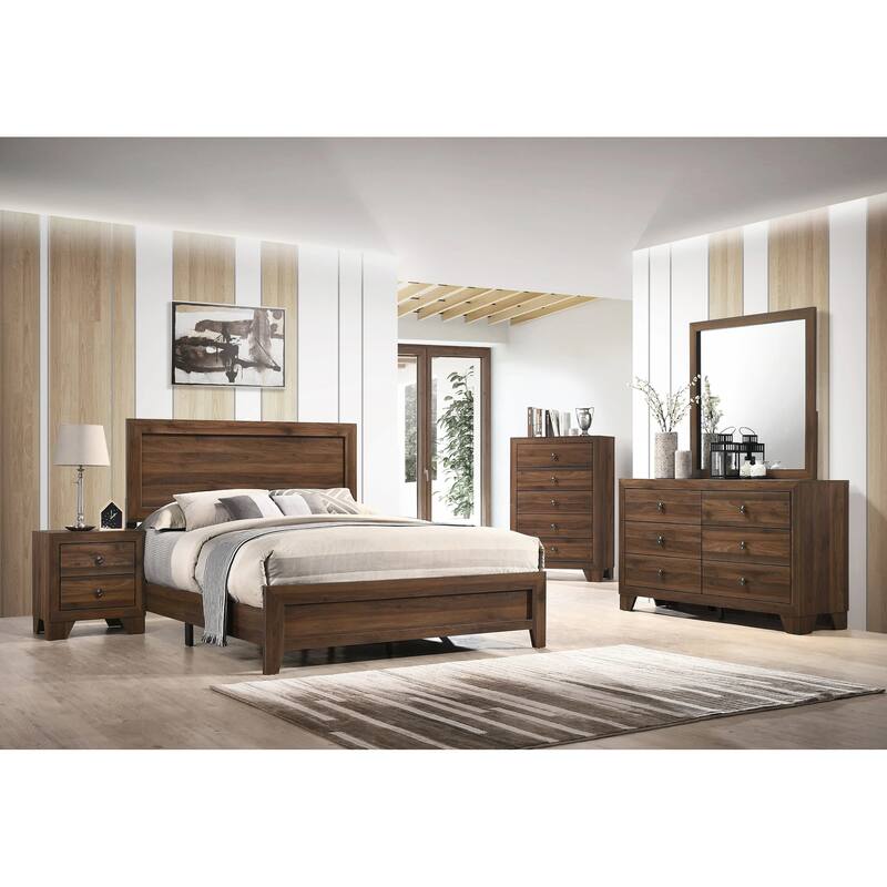 Contemporary Brown Cherry Finish Queen Size Panel Bed, Wooden Bedroom Furniture