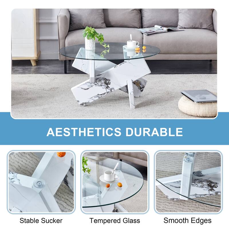 33.4" Modern Round Coffee Table with Clear Tempered Glass Top and MDF Legs for Living Room