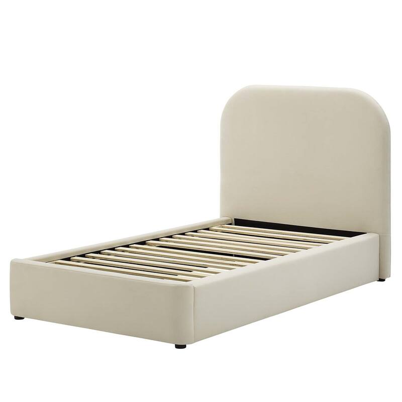 Hillsway Modern Curved Headboard Off-white Velvet Upholstered Twin Size Platform Bed