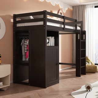 Twin Safety Loft Bed Sturdy Wooden Bed Frame with Wardrobe