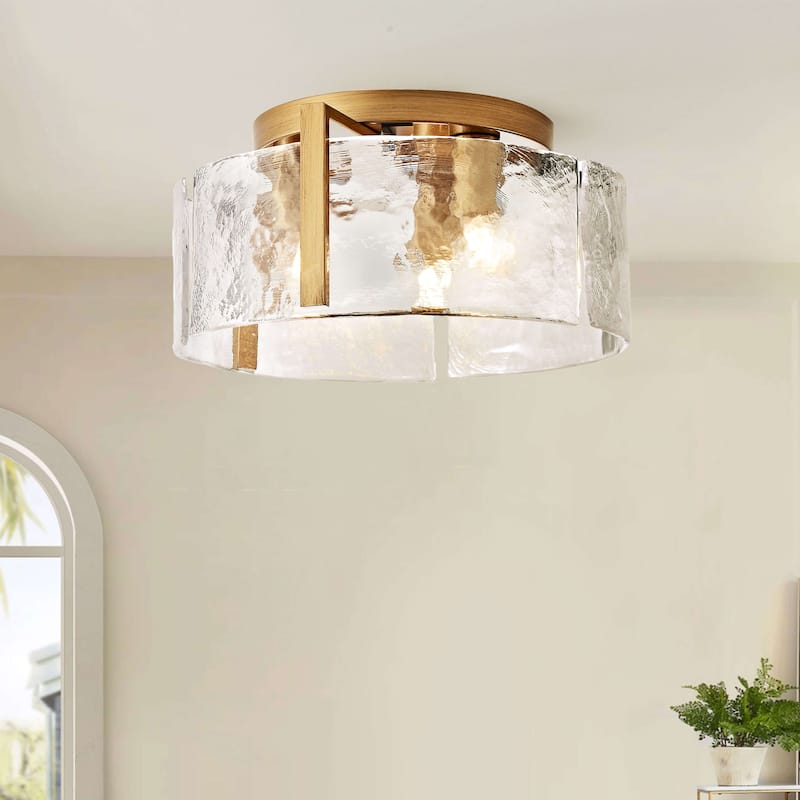 Laia Round 3-Light Textured Glass Panels Flush Mount - Brushed Brass 