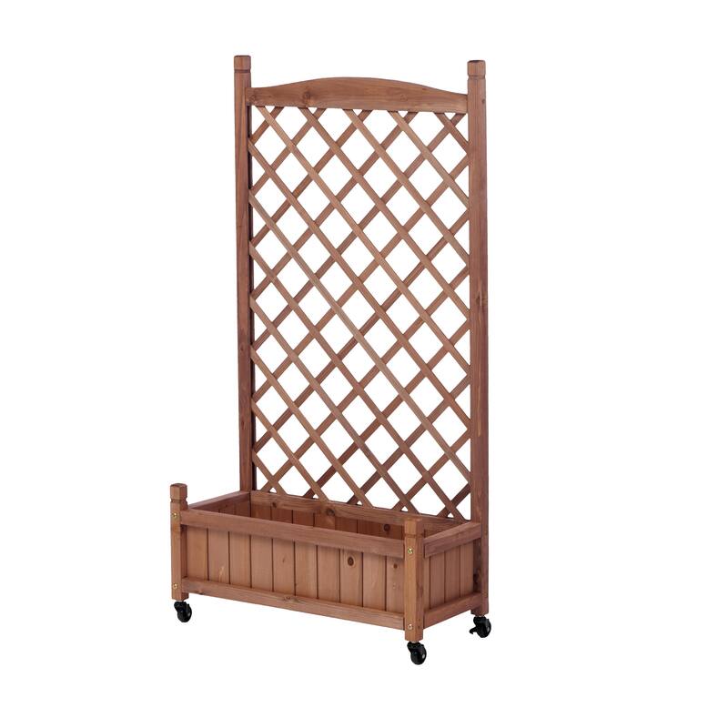 Set of 2 Portable Wood Planter Garden Bed with Wheels Drainage Trellis