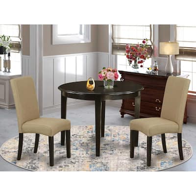 Round Dining Table Set 3pc - 42" Table & 2 Parsons Chairs - Linen Fabric - Cappuccino Finish