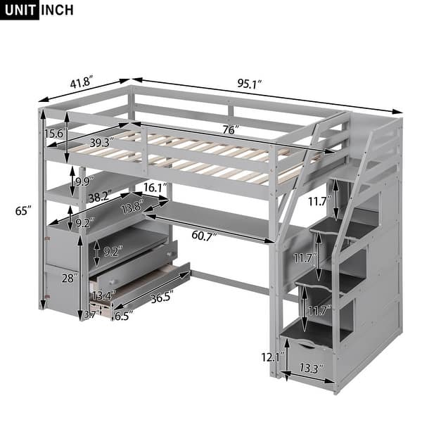dimension image slide 0 of 4, Wood Loft Bed with Desk, Shelves, 2 Built-in Drawers and Storage Staircase