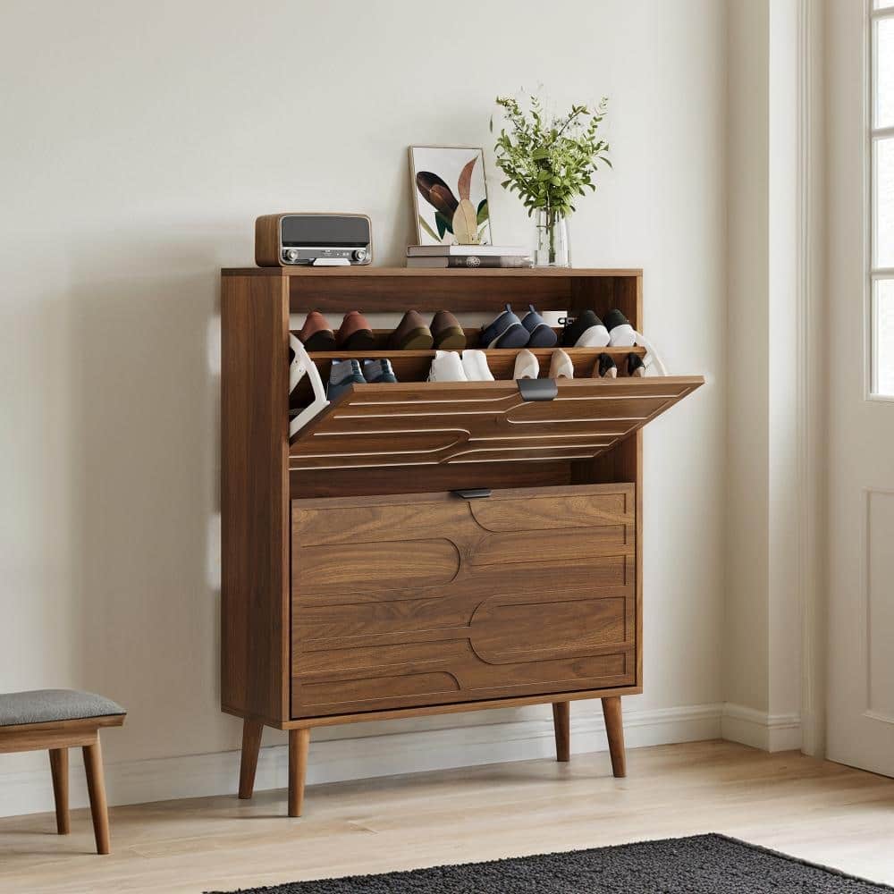 Modern 31.5 in Walnut Shoe Storage Cabinet with 2 Flip Drawers