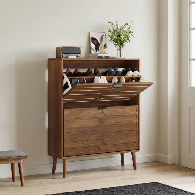 Modern 31.5 in Walnut Shoe Storage Cabinet with 2 Flip Drawers - Brown