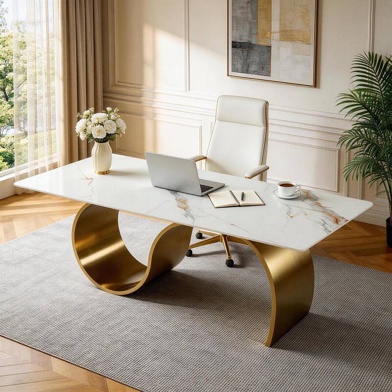 Luxury 78.7" Sintered Stone Office Executive Desk with Stainless Steel Base