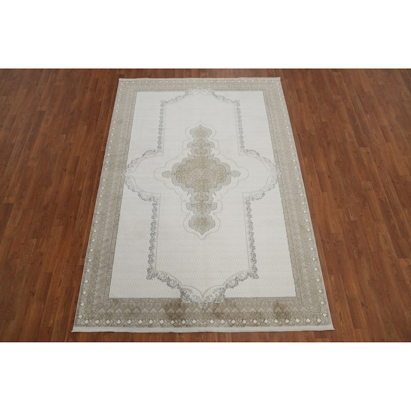 Machine Made Oriental Polyester Carpet Traditional Medallion Beige & Ivories Tabriz Area Rug - 7' 5'' X 5' 2''