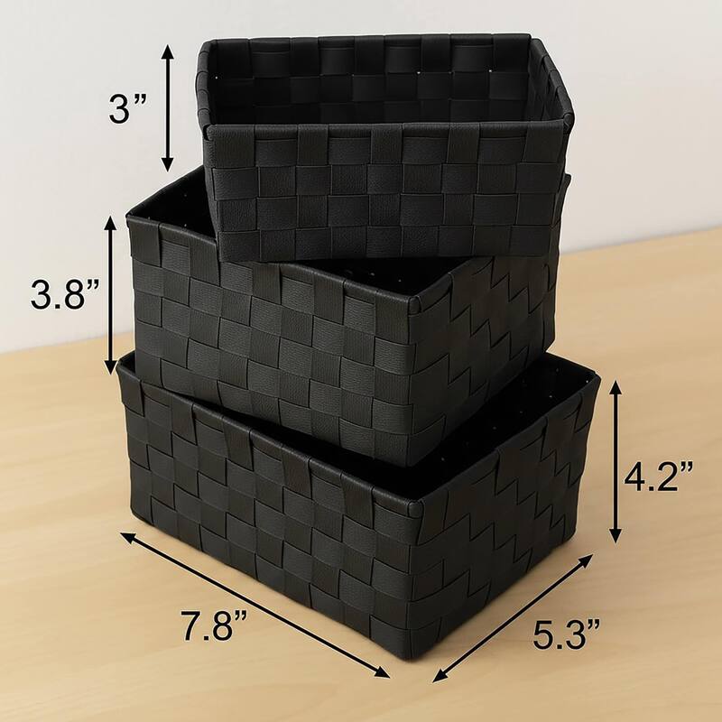 Checkered Woven Strap Storage Baskets (Set of 3) - 7.8 L x 5.3 W x 4.2 H