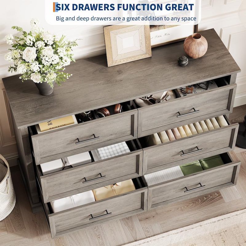 Farmhouse 6 Drawer Dresser for Bedroom, Rustic Chest of Drawers with Metal Handles, Large Double Dresser TV Stand