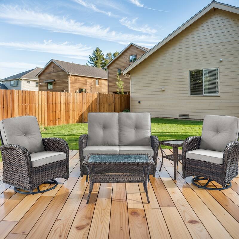 Outdoor Glider Sofa with Swivel Chair Brown-Beige - Brown - Brown - Beige