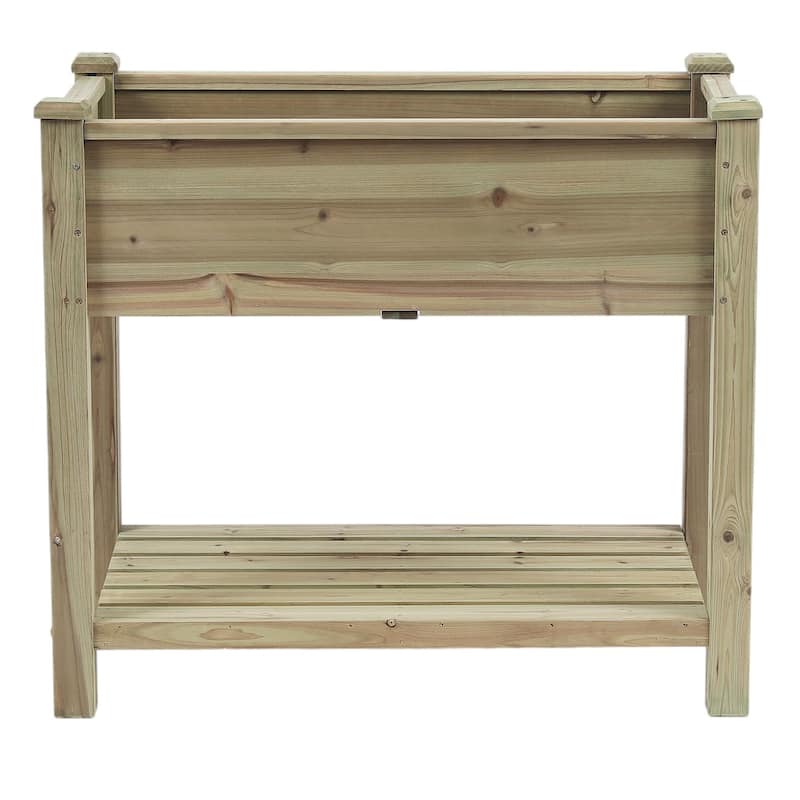 29.9" H Natural Wood Rectangular Raised Garden Planter with Shelf