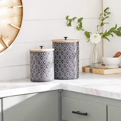 Black Metal Geometric Decorative Jars with Wood Lids (Set of 2) - S/2 11", 9"H