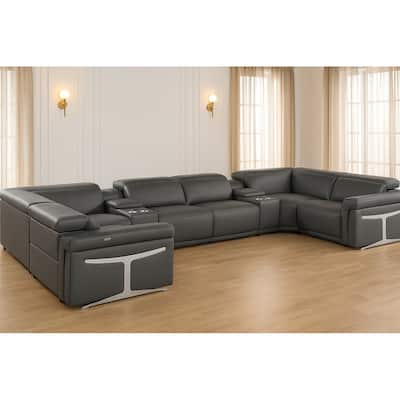 HomeRoots Dark Gray Italian Leather Power Reclining U Shaped Eight Piece Corner Sectional With Console