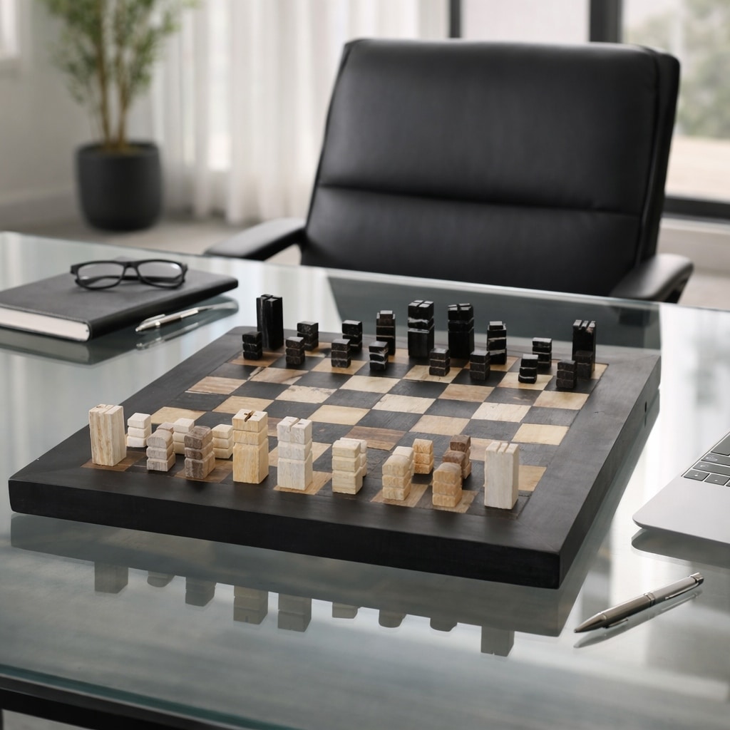 Stylish Petrified Wood Chess Game Set - 20", Black & Ivory - 20.0"