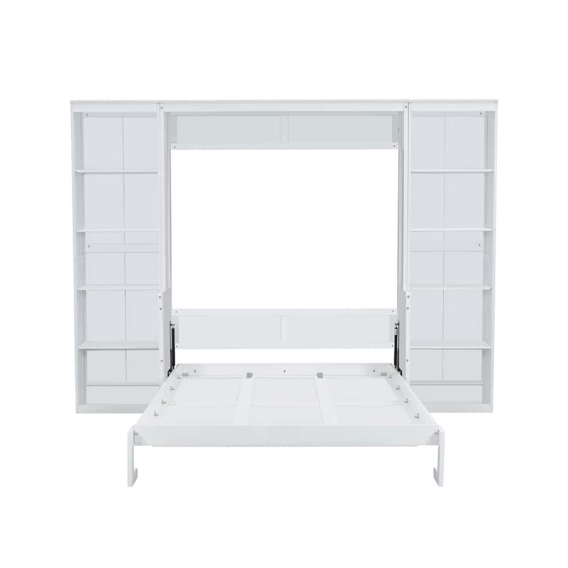 Queen Size Solid Wood Murphy Bed with Convertible Desk, Bookshelves and 600lb Capacity