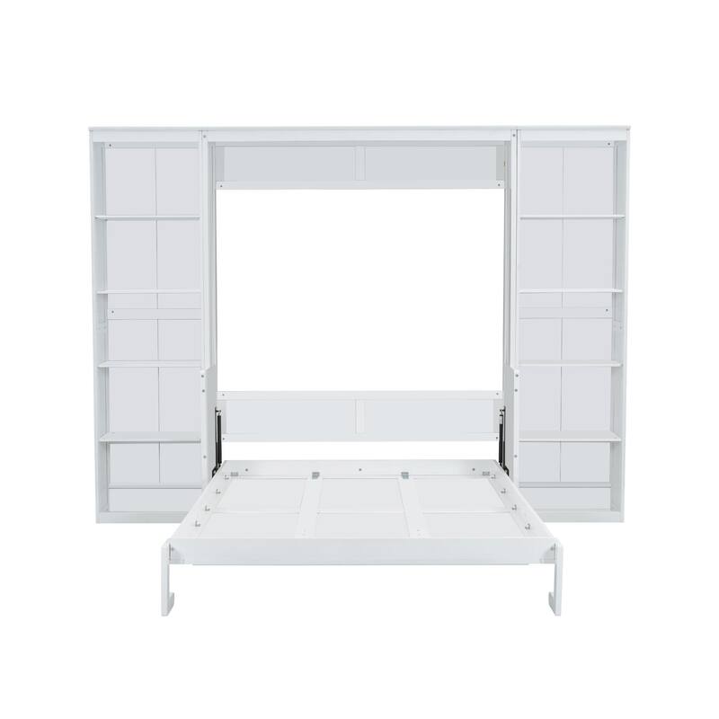 Roomfitters Full/Queen Murphy Bed with Foldable Desk and Built-in Bookshelf for Home Office or Guest Room, White