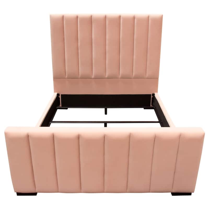 Eva King Bed, Vertical Channel Tufted Blush Pink Velvet Upholstery
