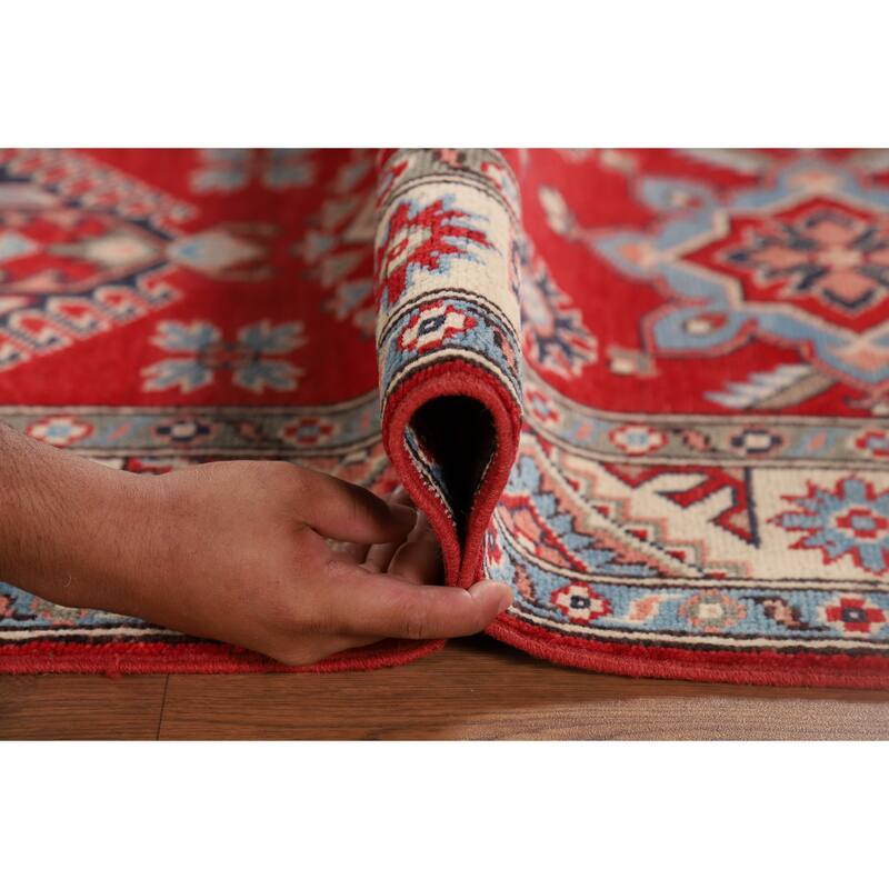 Geometric Kazak Oriental Runner Rug Hand-Knotted Red Wool Carpet - 2'8" x 9'7"