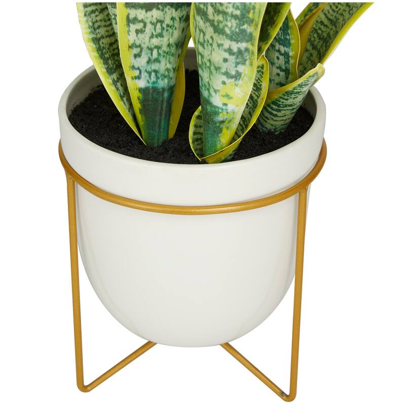Green Faux Foliage Artificial Plant with Realistic Leaves and White Porcelain Pot and Gold Stand