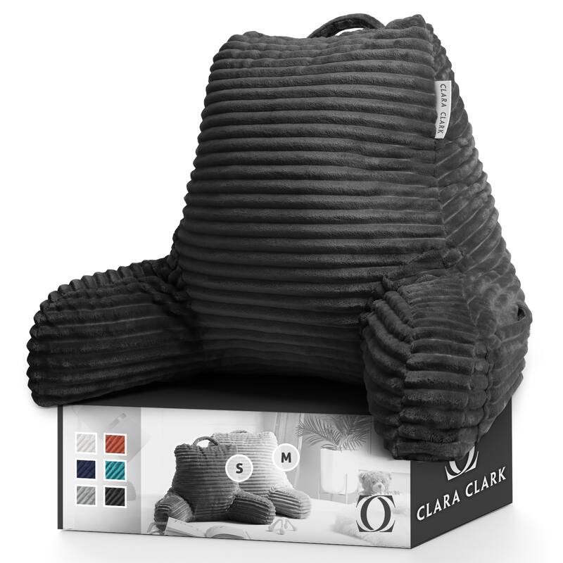 Clara Clark Cut Plush Striped Reading Pillow - Back Support Shredded Memory Foam Bed Rest Pillow with Arms - Medium - Dark Gray