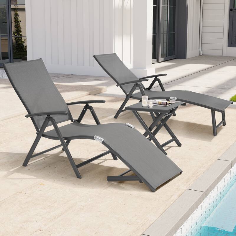 3-Pieces Outdoor Chaise Lounge Set Aluminum Adjustable Foldable Chaise Lounge Chairs and Side Table