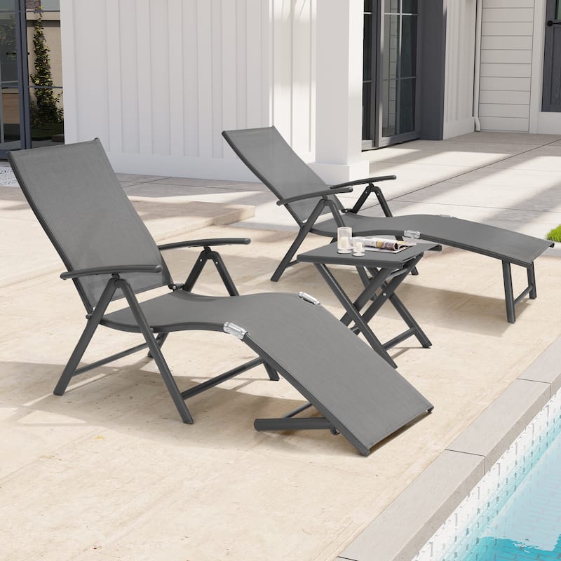 3-Pieces Outdoor Chaise Lounge Set Aluminum Adjustable Foldable Chaise Lounge Chairs and Side Table - Gray