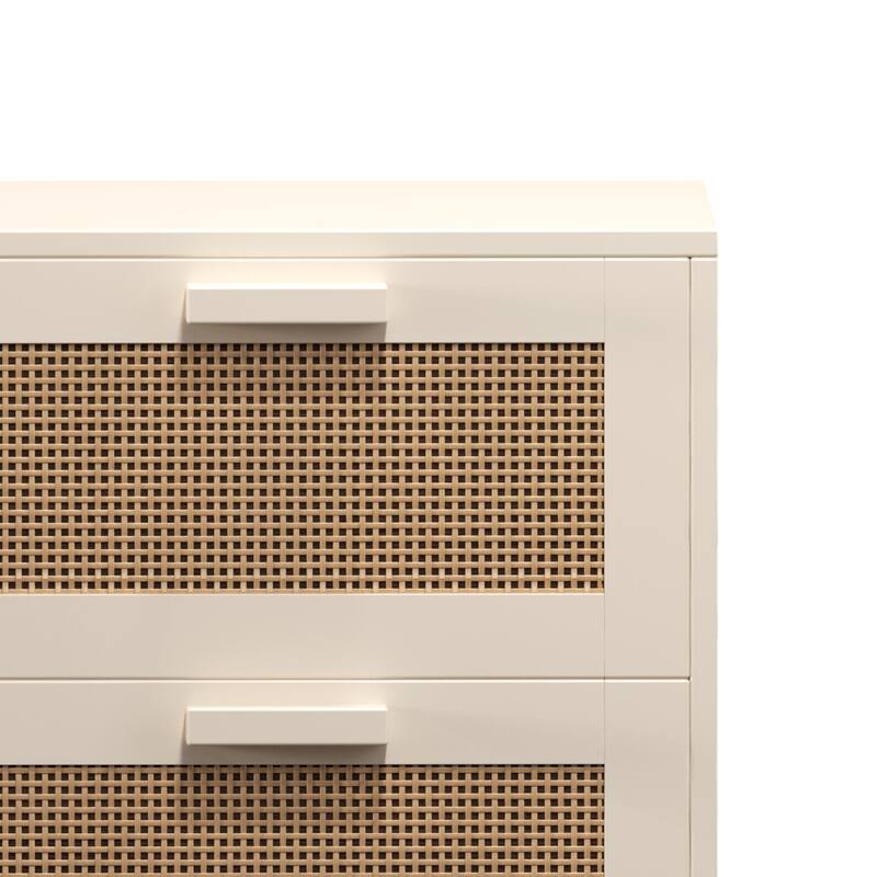 Rattan Nightstand, Wood End Table, Side Table With 2 Faux Rattan-Decorated Drawers