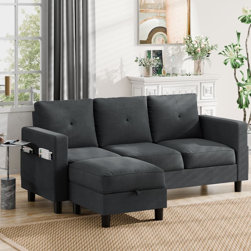 Futzca Linen Upholstered L-shaped Sectional Sofa w/ Reversible Chaise - Black