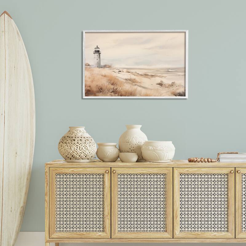 Stupell Distant Lighthouse in Neutral Tones Framed Giclee Art Design By Arlington Prints